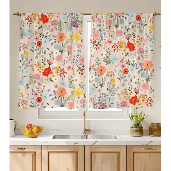 Kitchen Curtains 2 Pack Over Sink, 26"x36" Yellow Floral Light Filtering Rod Pocket Panels, Summer Country Rustic Modern Cute Cortinas para Cocina, Machine Washable, Polyester