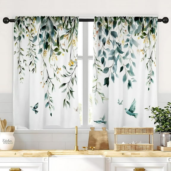 Kitchen Curtains 2 Panels Leaves Floral Short Window Curtains Treatment Over Sink Tier Drapes Small Cafe Curtains Flower Leaf Tier Curtains for Bathroom 36x28inch