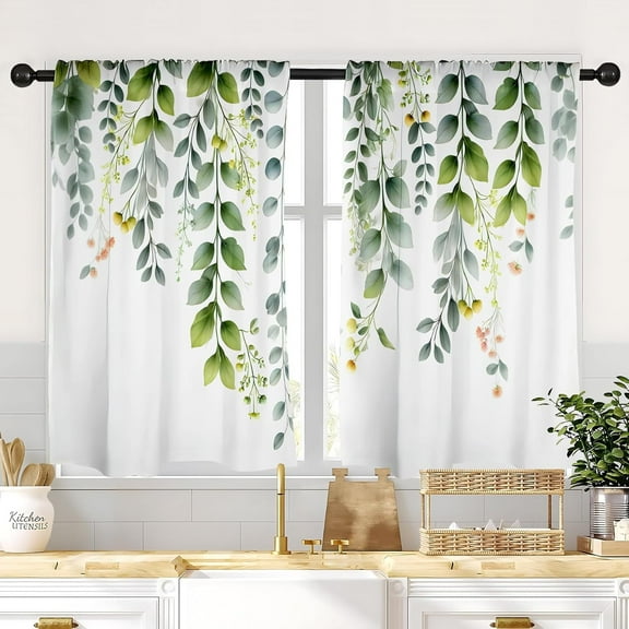 Kitchen Curtains 2 Panels Leaves Floral Short Window Curtains Treatment Over Sink Tier Drapes Small Cafe Curtains Flower Leaf Tier Curtains for Bathroom 36x28inch