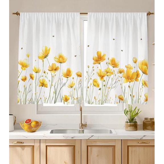 Kitchen Curtains (2 Pcs) Over Sink For Bathroom Window Cafe Basement Cortinas Para Cocina Farmhouse Short Mini Curtain Flower Bee Summer Daisy Elegant Country Rustic Modern Cute 26"W x 24"L