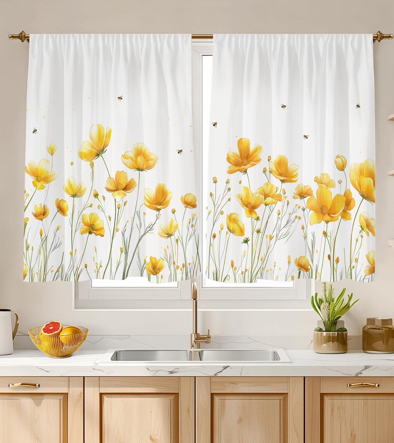 Kitchen Curtains (2 Pcs) Over Sink for Bathroom Window Cafe Basement Cortinas para Cocina Farmhouse Short Mini Curtain Flower Bee Summer Daisy Elegant Country Rustic Modern Cute - 27.5×36"