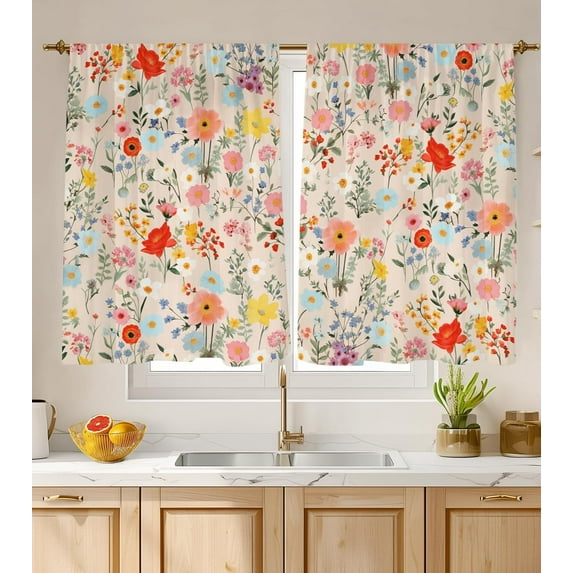 Kitchen Curtains (2 Pcs) Over Sink for Bathroom Window Cafe Basement Cortinas para Cocina Farmhouse Short Mini Curtain Flower Floral Summer Elegant Country Rustic Modern Cute - 26×36"