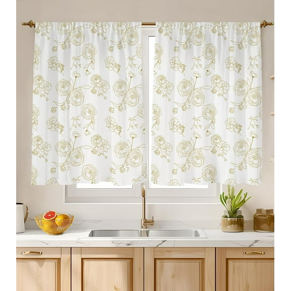 Kitchen Curtains (2 Pcs) Over Sink for Bathroom Window Cafe Basement Cortinas para Cocina Farmhouse Short Mini Curtain White and Gold Rose Flower Elegant Country Rustic Modern Cute - 26×36"