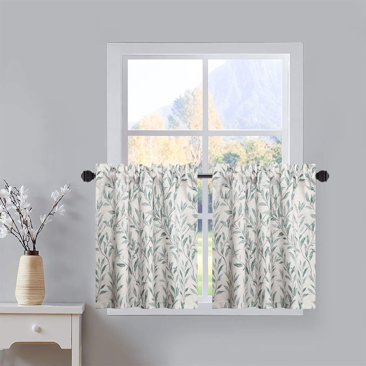 Kitchen Curtains 24 Inch Length, Green Leaves Print Linen Texture Short Tier Curtains Rod Pocket Valances for Dining Room, 27.5 x 24, 2 Panels
