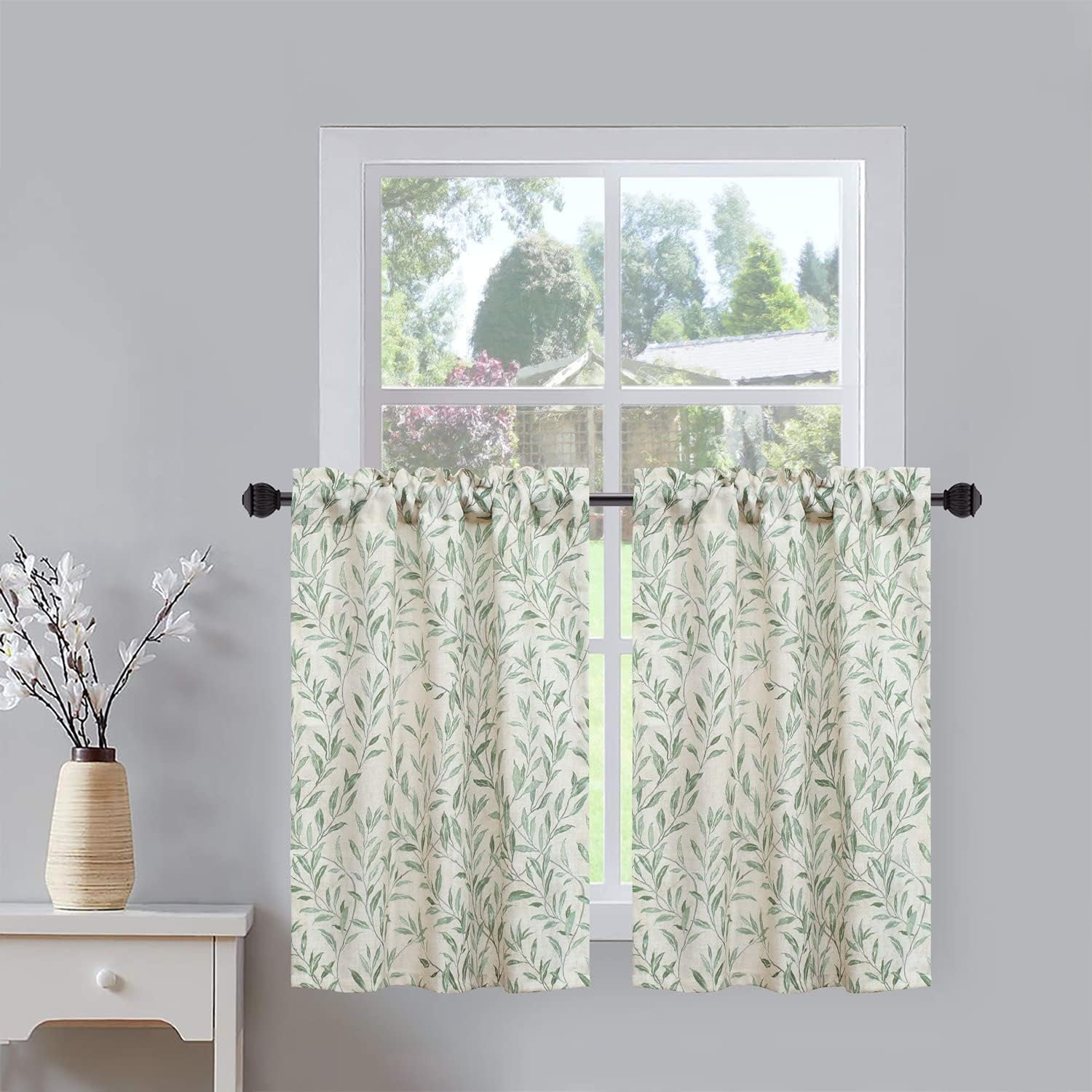 Kitchen Curtains 24 Inch Length, Green Leaves Print Linen Texture Short Tier Curtains Rod Pocket Valances for Dining Room, 27.5 x 24, 2 Panels