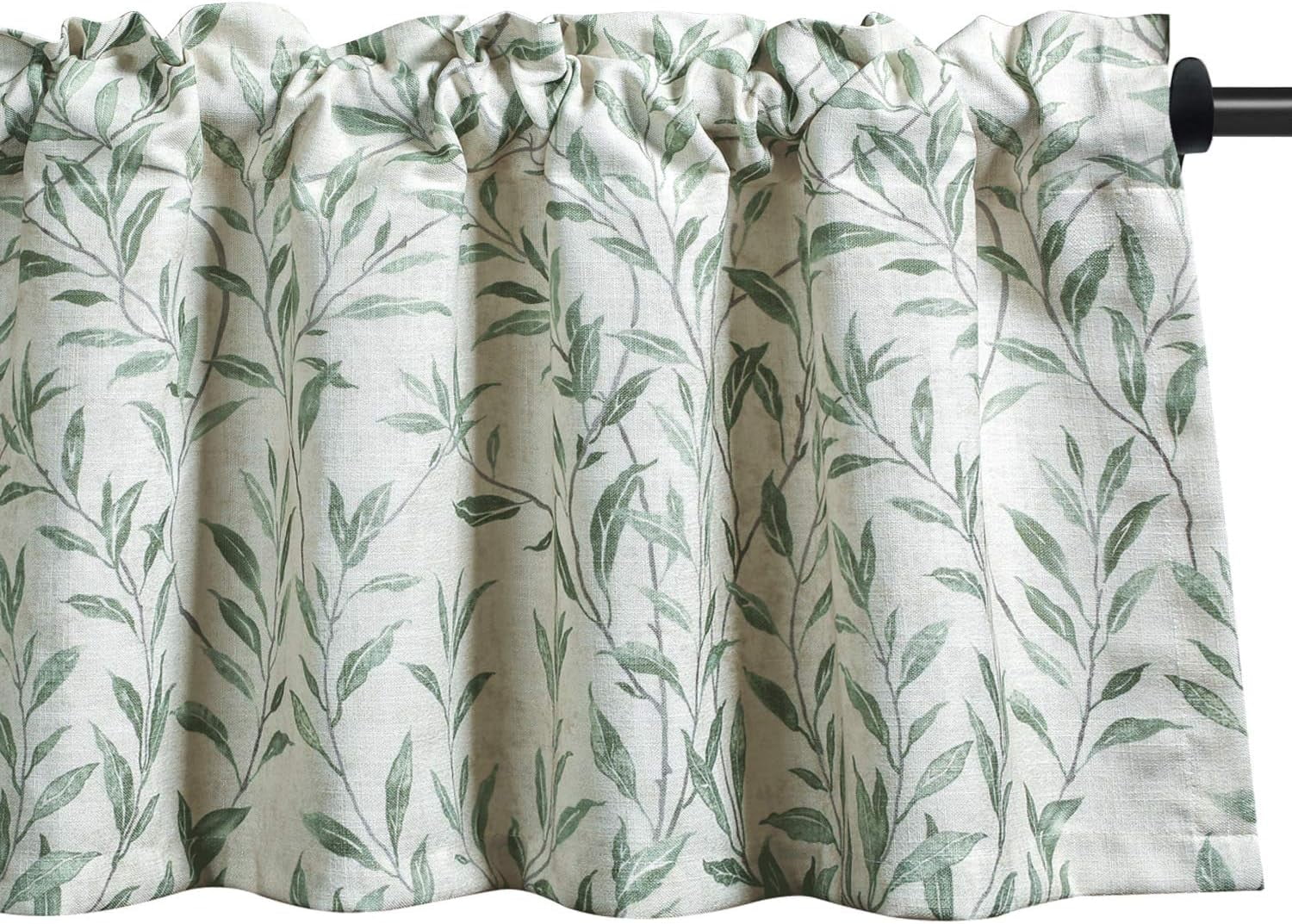 Kitchen Curtains 24 Inch Length, Green Leaves Print Linen Texture Short Tier Curtains Rod Pocket Valances for Dining Room, 30 x 24, 2 Panels