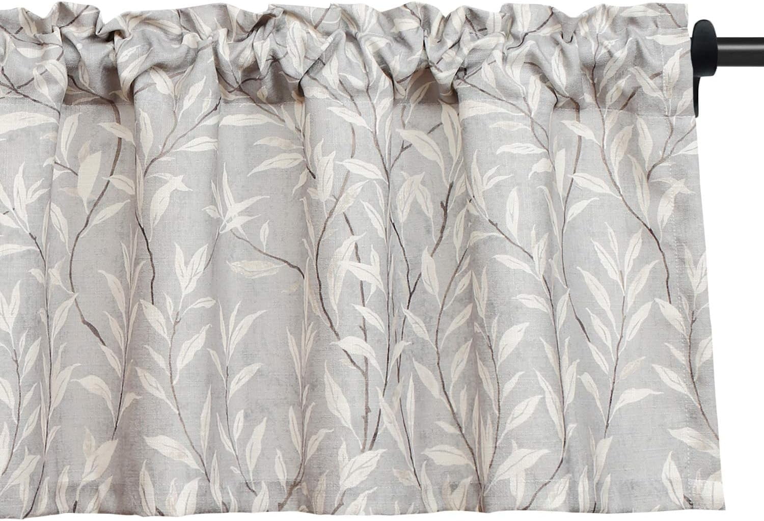 Kitchen Curtains 24 Inch Length, Green Leaves Print Linen Texture Short Tier Curtains Rod Pocket Valances for Dining Room, 30 x 24, 2 Panels