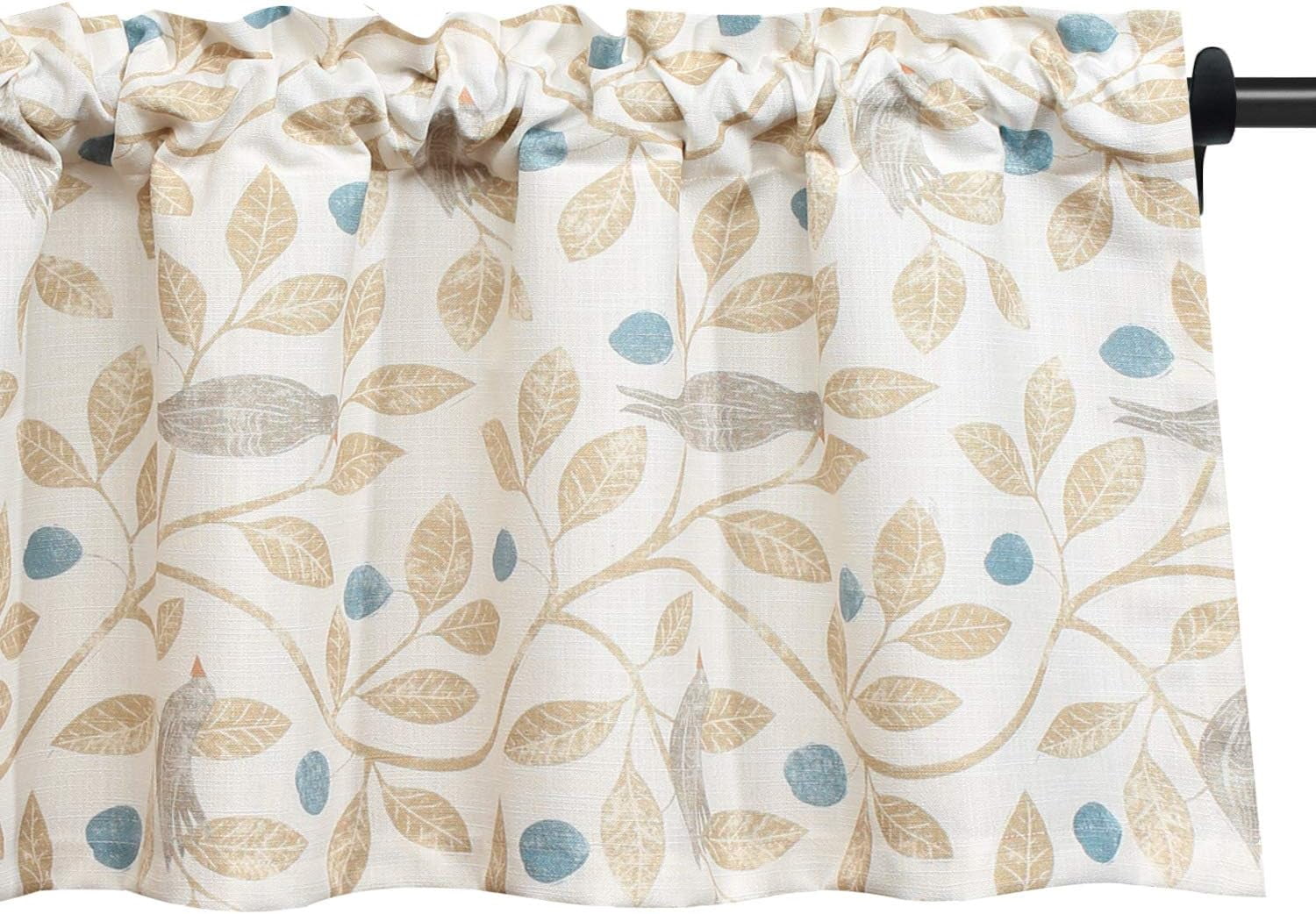Kitchen Curtains 24 Inch Length, Green Leaves Print Linen Texture Short Tier Curtains Rod Pocket Valances for Dining Room, 30 x 24, 2 Panels