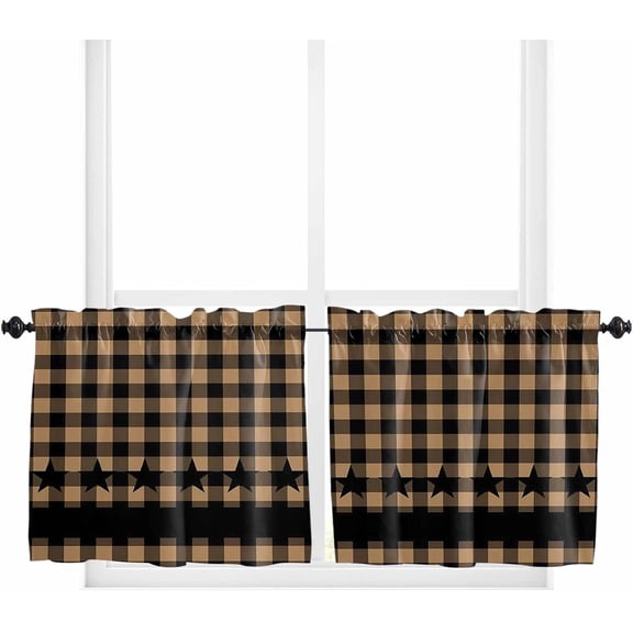 Kitchen Curtains 24 Inch Length, Retro Country Star Farmhouse Curtains & Drapes, Brown Black Buffalo Plaid Rod Pocket Window Curtains for Living Room/Bedroom/Bathroom, 27.5x24, 2 Panels