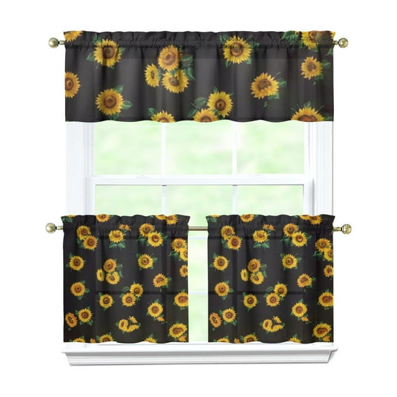 Kitchen Curtains 24 Inch Short - 3 Panel Set, Boho Sunflower Butterfly Floral Print, Rod Pocket Window Curtain for Rustic Farmhouse, Country Vintage Summer Decor, Easy Wash