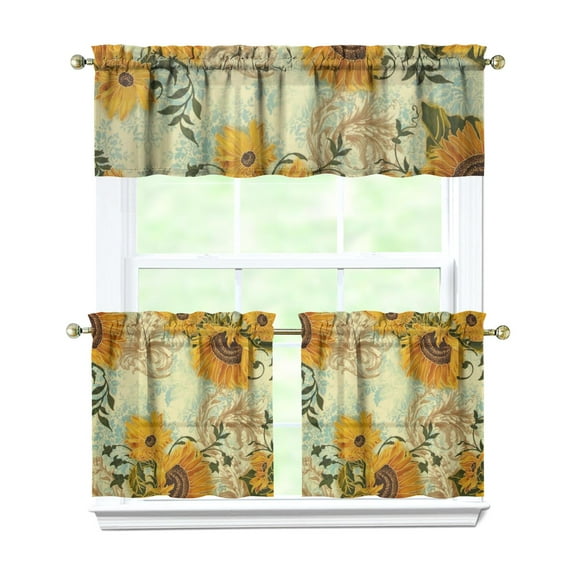 Kitchen Curtains 24 Inch Short - 3 Panel Set, Boho Sunflower Butterfly Floral Print, Rod Pocket Window Curtain for Rustic Farmhouse, Country Vintage Summer Decor, Easy Wash