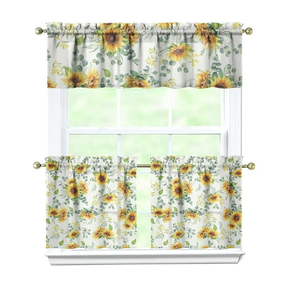 Kitchen Curtains 24 Inch Short - 3 Panel Set, Boho Sunflower Butterfly Floral Print, Rod Pocket Window Curtain for Rustic Farmhouse, Country Vintage Summer Decor, Easy Wash