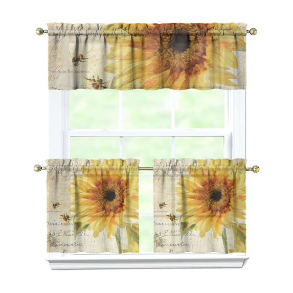 Kitchen Curtains 24 Inch Short - 3 Panel Set, Boho Sunflower Butterfly Floral Print, Rod Pocket Window Curtain for Rustic Farmhouse, Country Vintage Summer Decor, Easy Wash