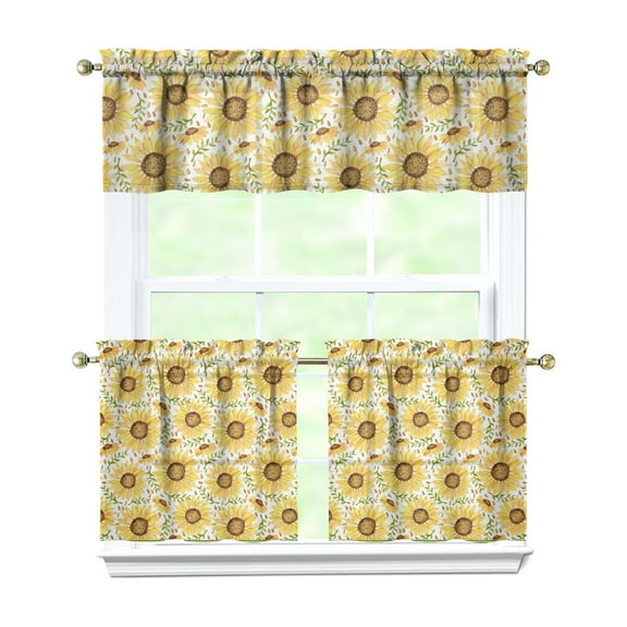 Kitchen Curtains 24 Inch Short - 3 Panel Set, Boho Sunflower Butterfly Floral Print, Rod Pocket Window Curtain for Rustic Farmhouse, Country Vintage Summer Decor, Easy Wash