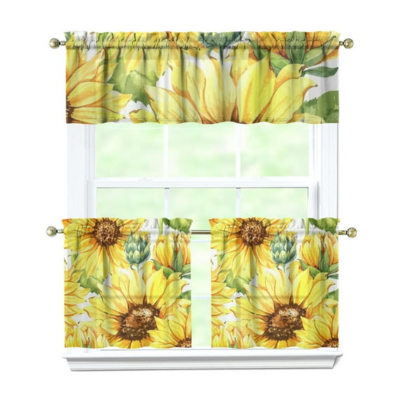 Kitchen Curtains 24 Inch Short - 3 Panel Set, Boho Sunflower Butterfly Floral Print, Rod Pocket Window Curtain for Rustic Farmhouse, Country Vintage Summer Decor, Easy Wash