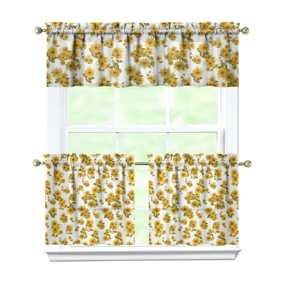 Kitchen Curtains 24 Inch Short - 3 Panel Set, Boho Sunflower Butterfly Floral Print, Rod Pocket Window Curtain for Rustic Farmhouse, Country Vintage Summer Decor, Easy Wash