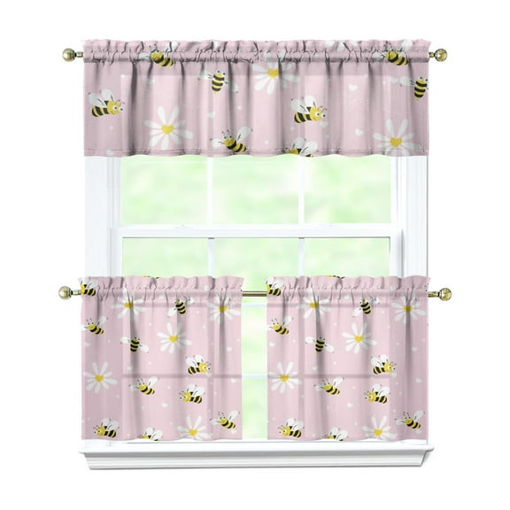 Kitchen Curtains 24 Inch Short - 3 Panel Set with Cute Bumble Bee and Honeycomb Print, Rod Pocket Window Curtain, 100% Polyester for Bee Lovers, Farmhouse, Kitchen, Living Room, Easy Wash