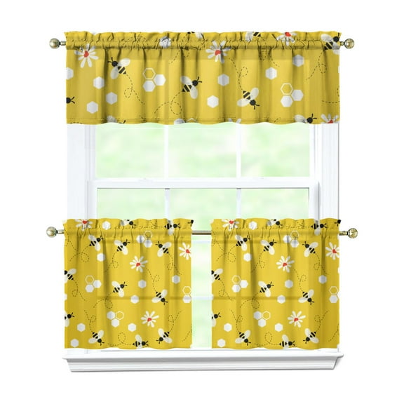 Kitchen Curtains 24 Inch Short - 3 Panel Set with Cute Bumble Bee and Honeycomb Print, Rod Pocket Window Curtain, 100% Polyester for Bee Lovers, Farmhouse, Kitchen, Living Room, Easy Wash