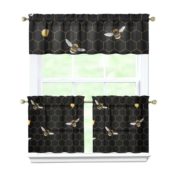 Kitchen Curtains 24 Inch Short - 3 Panel Set with Cute Bumble Bee and Honeycomb Print, Rod Pocket Window Curtain, 100% Polyester for Bee Lovers, Farmhouse, Kitchen, Living Room, Easy Wash