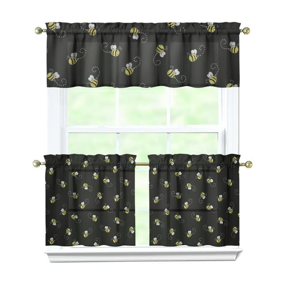 Kitchen Curtains 24 Inch Short - 3 Panel Set with Cute Bumble Bee and Honeycomb Print, Rod Pocket Window Curtain, 100% Polyester for Bee Lovers, Farmhouse, Kitchen, Living Room, Easy Wash