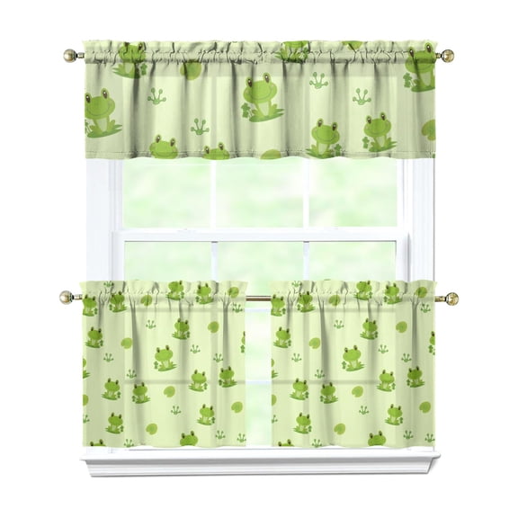 Kitchen Curtains 24 Inch Short - 3 Panel Set, Cute Cartoon Frog and Mushroom Print, Rod Pocket Window Curtain, 100% Polyester for Farmhouse, Forest Nature Decor, Easy Wash