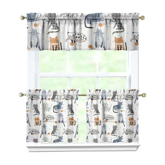 Kitchen Curtains 24 Inch Short - 3 Panel Set with Cute Cat Paw Pattern, Rod Pocket Window Curtain, 100% Polyester for Pet Lovers Farmhouse, Cafe, Kitchen, Bedroom, Easy Wash