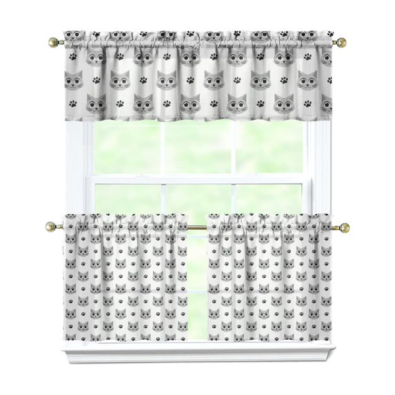 Kitchen Curtains 24 Inch Short - 3 Panel Set with Cute Cat Paw Pattern, Rod Pocket Window Curtain, 100% Polyester for Pet Lovers Farmhouse, Cafe, Kitchen, Bedroom, Easy Wash
