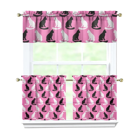 Kitchen Curtains 24 Inch Short - 3 Panel Set with Cute Cat Paw Pattern, Rod Pocket Window Curtain, 100% Polyester for Pet Lovers Farmhouse, Cafe, Kitchen, Bedroom, Easy Wash