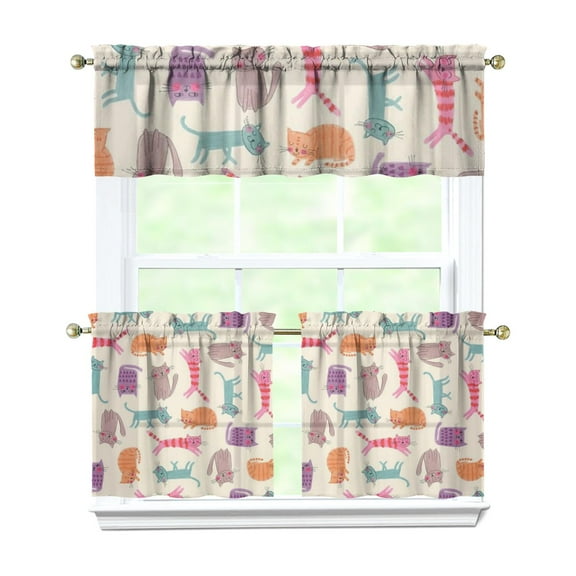 Kitchen Curtains 24 Inch Short - 3 Panel Set with Cute Cat Paw Pattern, Rod Pocket Window Curtain, 100% Polyester for Pet Lovers Farmhouse, Cafe, Kitchen, Bedroom, Easy Wash
