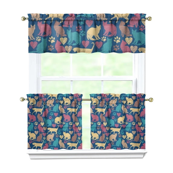 Kitchen Curtains 24 Inch Short - 3 Panel Set with Cute Cat Paw Pattern, Rod Pocket Window Curtain, 100% Polyester for Pet Lovers Farmhouse, Cafe, Kitchen, Bedroom, Easy Wash