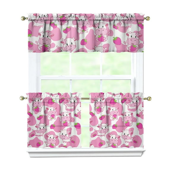 Kitchen Curtains 24 Inch Short - 3 Panel Set, Cute Cow Print Farmhouse Curtains, Rod Pocket, 100% Polyester for Rustic Farm, Kitchen, Cafe, Living Room, Easy Wash