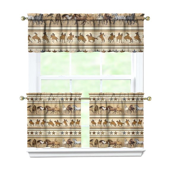 Kitchen Curtains 24 Inch Short - 3 Panel Set, Cute Horse Pony Print, Rod Pocket Window Curtain, 100% Polyester for Farmhouse, Retro Rural Kitchen, Easy Wash