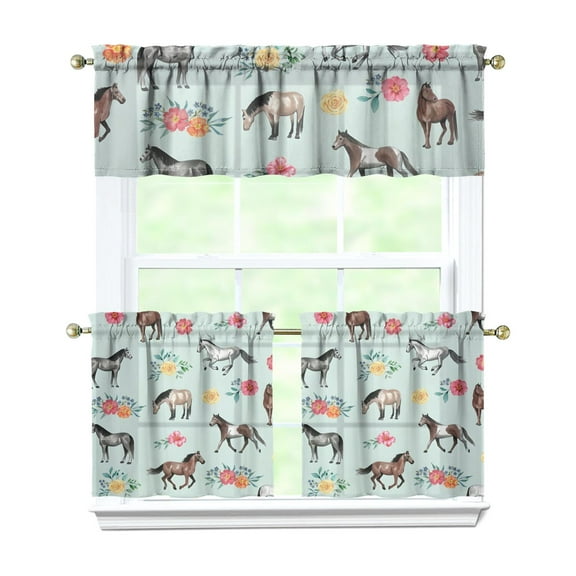 Kitchen Curtains 24 Inch Short - 3 Panel Set, Cute Horse Pony Print, Rod Pocket Window Curtain, 100% Polyester for Farmhouse, Retro Rural Kitchen, Easy Wash