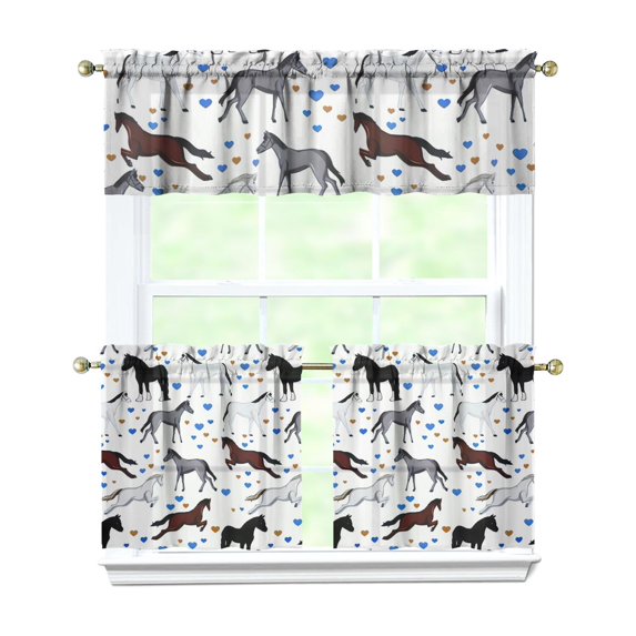 Kitchen Curtains 24 Inch Short - 3 Panel Set, Cute Horse Pony Print, Rod Pocket Window Curtain, 100% Polyester for Farmhouse, Retro Rural Kitchen, Easy Wash