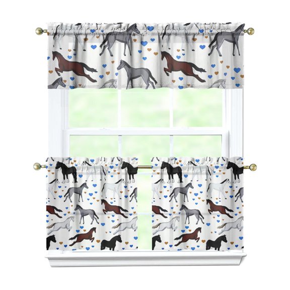 Kitchen Curtains 24 Inch Short - 3 Panel Set, Cute Horse Pony Print, Rod Pocket Window Curtain, 100% Polyester for Farmhouse, Retro Rural Kitchen, Easy Wash