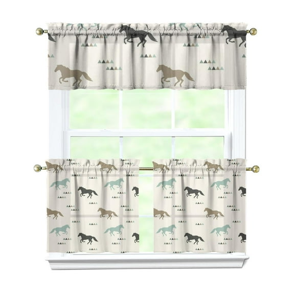 Kitchen Curtains 24 Inch Short - 3 Panel Set, Cute Horse Pony Print, Rod Pocket Window Curtain, 100% Polyester for Farmhouse, Retro Rural Kitchen, Easy Wash