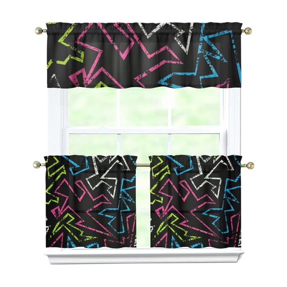 Kitchen Curtains 24 Inch Short - 3 Panel Set, Fashion Abstract Geometric Print, Rod Pocket Window Curtains 100% Polyester, Stylish Modern Valance for Farmhouse, Cafe, Living Room, Bedroom, Easy Wash