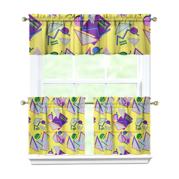 Kitchen Curtains 24 Inch Short - 3 Panel Set, Fashion Abstract Geometric Print, Rod Pocket Window Curtains 100% Polyester, Stylish Modern Valance for Farmhouse, Cafe, Living Room, Bedroom, Easy Wash