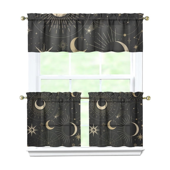 Kitchen Curtains 24 Inch Short - 3 Panel Set, Gothic Celestial Sun and Moon Print, Mystical Starry Night Astrology Aesthetic, Rod Pocket Window Curtain, Easy Wash