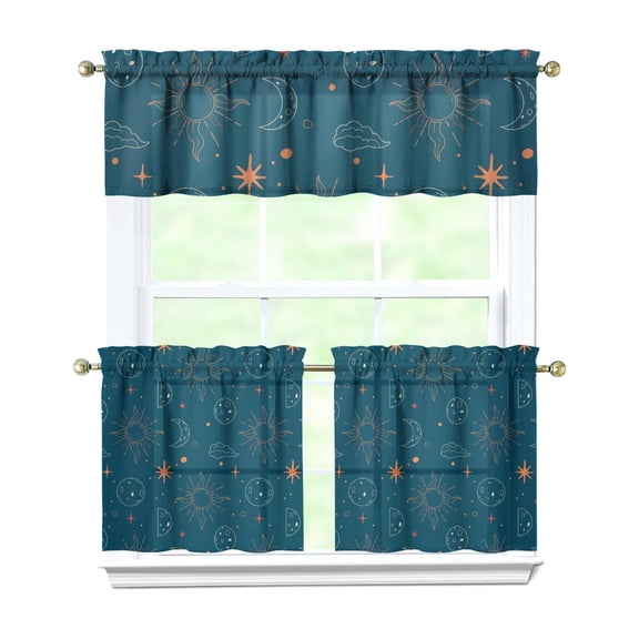 Kitchen Curtains 24 Inch Short - 3 Panel Set, Gothic Celestial Sun and Moon Print, Mystical Starry Night Astrology Aesthetic, Rod Pocket Window Curtain, Easy Wash