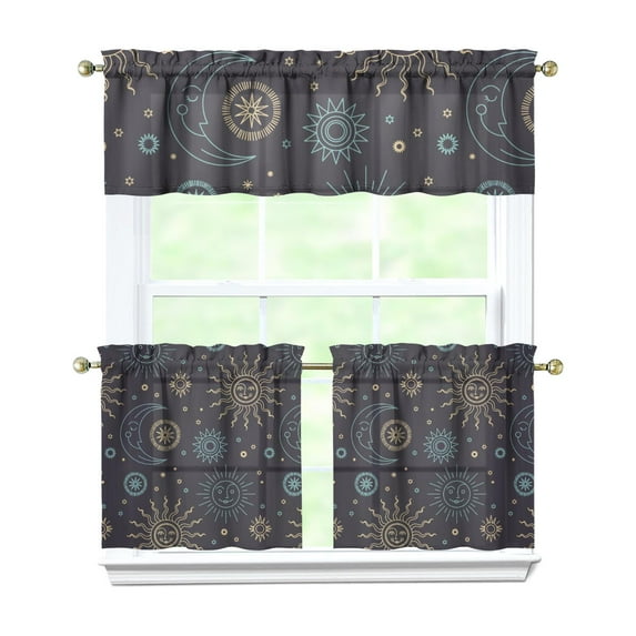 Kitchen Curtains 24 Inch Short - 3 Panel Set, Gothic Celestial Sun and Moon Print, Mystical Starry Night Astrology Aesthetic, Rod Pocket Window Curtain, Easy Wash