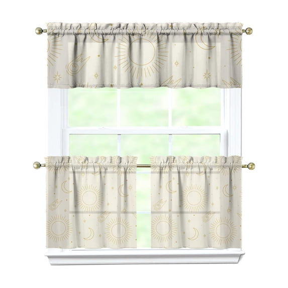Kitchen Curtains 24 Inch Short - 3 Panel Set, Gothic Celestial Sun and Moon Print, Mystical Starry Night Astrology Aesthetic, Rod Pocket Window Curtain, Easy Wash