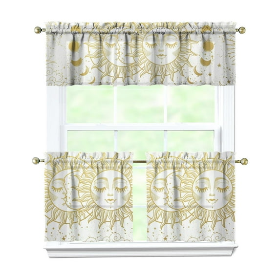 Kitchen Curtains 24 Inch Short - 3 Panel Set, Gothic Celestial Sun and Moon Print, Mystical Starry Night Astrology Aesthetic, Rod Pocket Window Curtain, Easy Wash