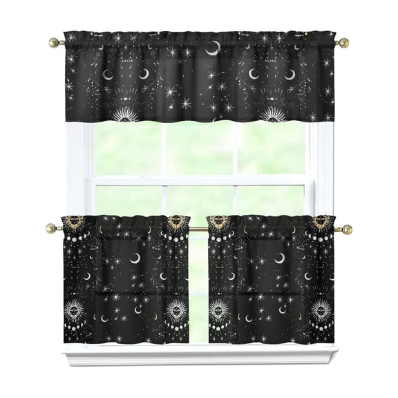 Kitchen Curtains 24 Inch Short - 3 Panel Set, Gothic Celestial Sun and Moon Print, Mystical Starry Night Astrology Aesthetic, Rod Pocket Window Curtain, Easy Wash
