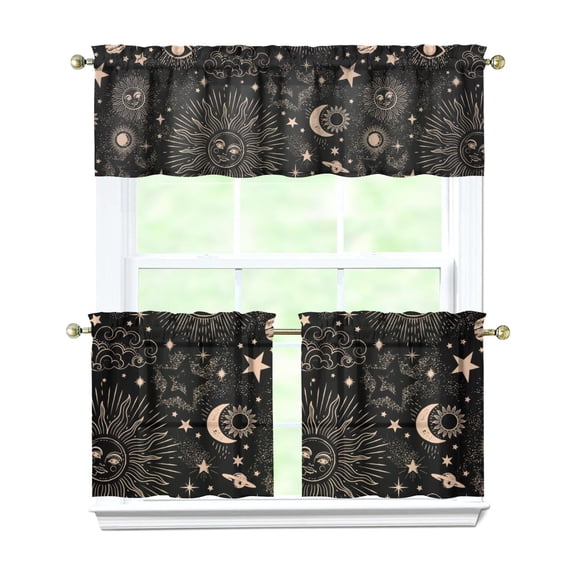 Kitchen Curtains 24 Inch Short - 3 Panel Set, Gothic Celestial Sun and Moon Print, Mystical Starry Night Astrology Aesthetic, Rod Pocket Window Curtain, Easy Wash
