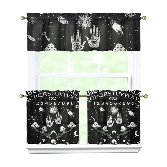 Kitchen Curtains 24 Inch Short - 3 Panel Set, Gothic Celestial Sun and Moon Print, Mystical Starry Night Astrology Aesthetic, Rod Pocket Window Curtain, Easy Wash