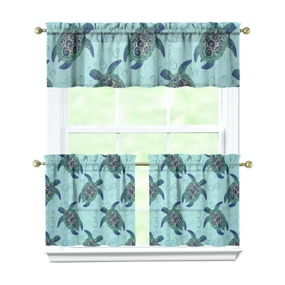 Kitchen Curtains 24 Inch Short - 3 Panel Set, Hawaiian Sea Turtle Ocean Design, Tropical Underwater Marine Life Print, Rod Pocket Window Curtain, Easy Wash