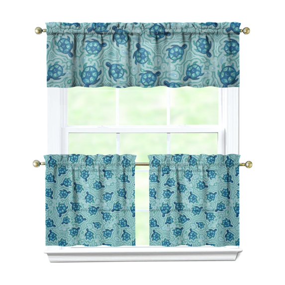 Kitchen Curtains 24 Inch Short - 3 Panel Set, Hawaiian Sea Turtle Ocean Design, Tropical Underwater Marine Life Print, Rod Pocket Window Curtain, Easy Wash