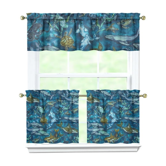 Kitchen Curtains 24 Inch Short - 3 Panel Set, Hawaiian Sea Turtle Ocean Design, Tropical Underwater Marine Life Print, Rod Pocket Window Curtain, Easy Wash