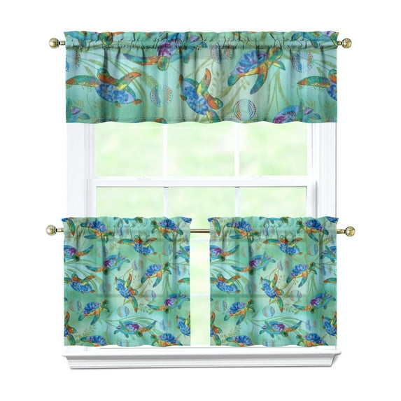 Kitchen Curtains 24 Inch Short - 3 Panel Set, Hawaiian Sea Turtle Ocean Design, Tropical Underwater Marine Life Print, Rod Pocket Window Curtain, Easy Wash